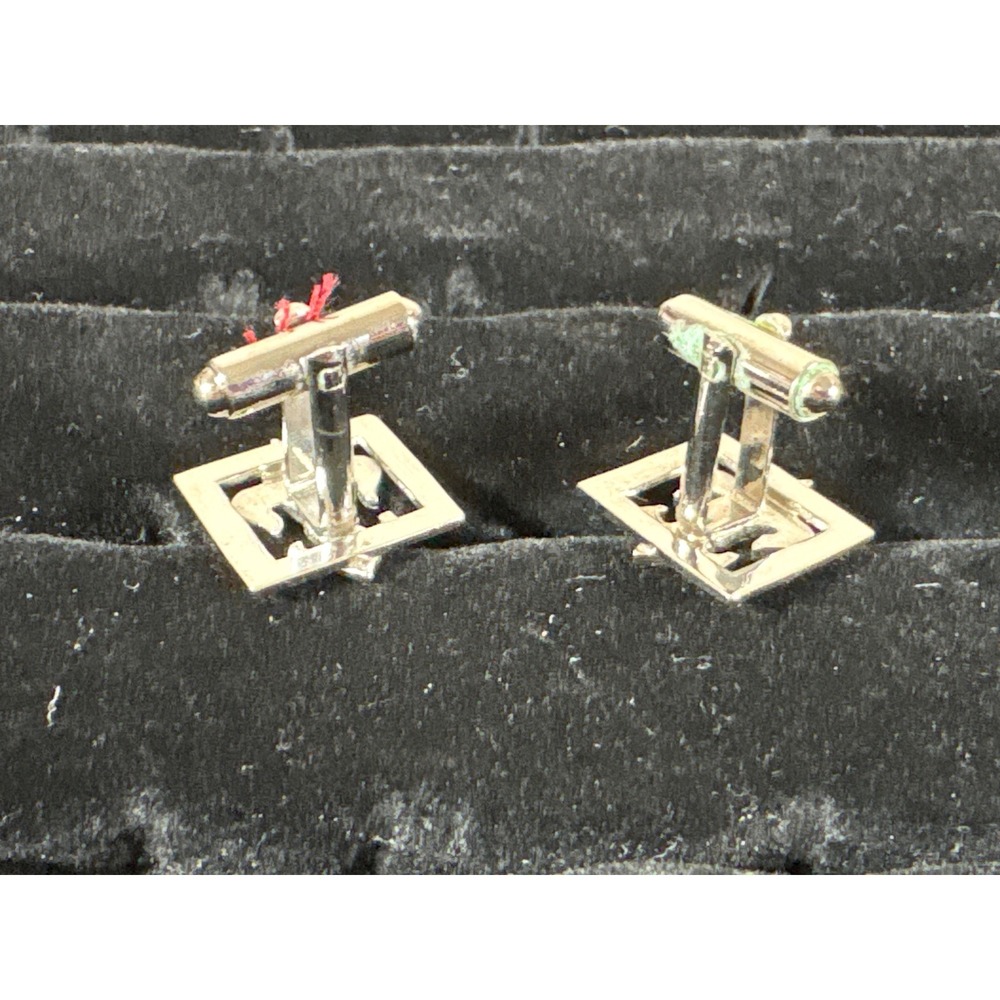 Vintage Fleur De Lis Cufflinks Silver Tone Blue Enamel Square Toggle Back Mens - Picture 2 of 2